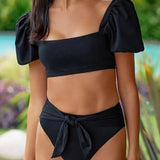 2-Piece Puff Sleeve Bikini Black