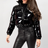 Glossy Faux Patent Leather Puffer Jacket Black