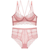 2-Piece French Lace Bra and High Waist Panty Set Pink