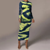 Long Sleeve Tie Dyed Bodycon Maxi Dress Green
