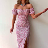 Floral Print Short Sleeve Off Shoulder Boho Slit Midi Dress Pink