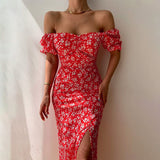 Floral Print Short Sleeve Off Shoulder Boho Slit Midi Dress Red