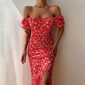 Floral Print Short Sleeve Off Shoulder Boho Slit Midi Dress Red