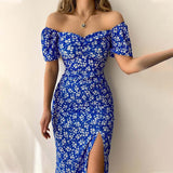 Floral Print Short Sleeve Off Shoulder Boho Slit Midi Dress Blue