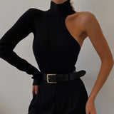 One Shoulder Long Sleeve Kintted Bodysuit Black