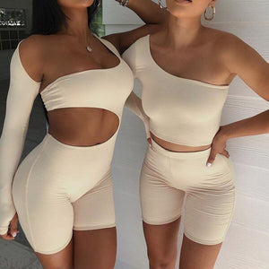 Cut Out One Sleeve Solid Romper Khaki