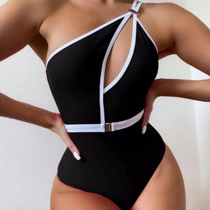1-Piece Off Shoulder Hollow Out Two Tone Swimsuit Black