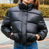 Faux Leather Cotton Padded Down Jacket Black