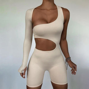 Cut Out One Sleeve Solid Romper Khaki