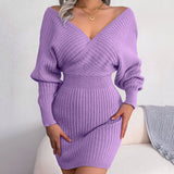 Long Sleeve Knitted Wrap Mini Dress Purple