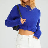 Distressed Cotton Knit Pullover Crop Sweater Blue