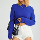 Distressed Cotton Knit Pullover Crop Sweater Blue
