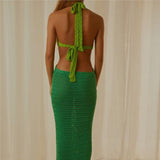 Knitted Deep V-Neck Lace Up Halter Maxi Dress Green