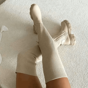 Thigh High Stretch Knit Boots Cream