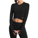 Long Sleeve Strappy Waist Workout Crop Top Black