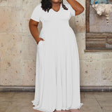 Plus Size Solid V Neck Maxi Dress White