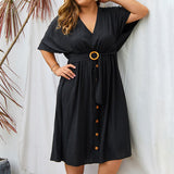 Plus Size Wooden Belt Midi Dress Black