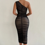 Double Layer Ruched Mesh Midi Dress Nude Black