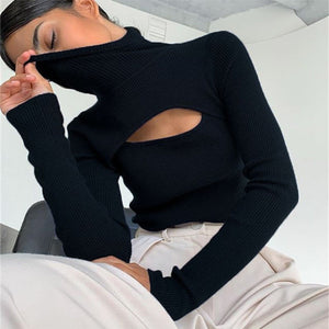 Long Sleeve Hollow Out Turtleneck Pullover Sweater Black