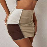 2-Piece Shoulder Top and Patchwork Skirt Matching Set Brown