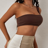 2-Piece Shoulder Top and Patchwork Skirt Matching Set Brown