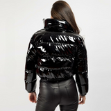 Glossy Faux Patent Leather Puffer Jacket Black
