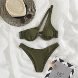 2-Piece Hollow Out One Shoulder Bikini Olive