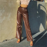 Faux Leather Straight Wide Leg Pants Brown