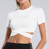 Short Sleeve Strappy Waist Workout Crop Top White
