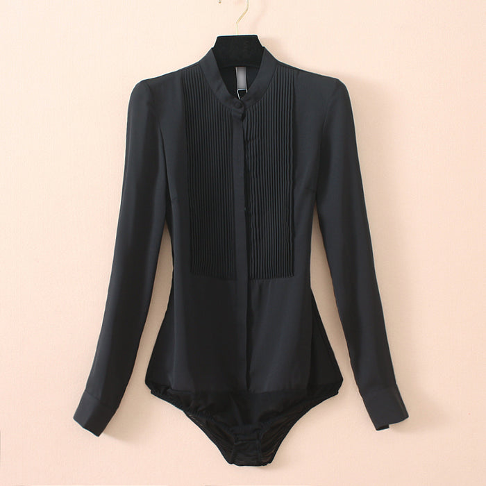 Long Sleeve Chiffon Blouse Bodysuit Black