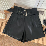 Faux Leather High Waist Belted Shorts Black