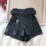 Faux Leather High Waist Belted Solid Shorts Black