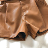 Faux Leather High Waist Belted Solid Shorts Brown