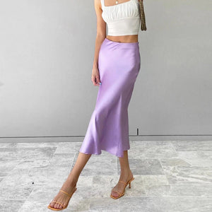 Solid Satin Midi Skirt Purple