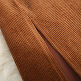 Midi Side Slit A-Line Corduroy Skirt Brown