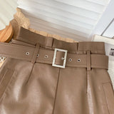 Faux Leather High Waist Belted Shorts Brown