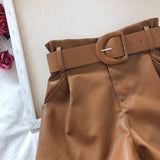 Faux Leather High Waist Belted Solid Shorts Brown