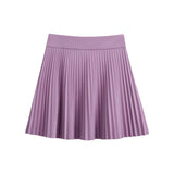 Faux Leather Mini Pleated Button Detail Skirt Purple
