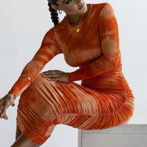 Long Sleeve Tie Dyed Bodycon Maxi Dress Orange