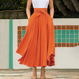 Solid Pleated Side Zipper Maxi Skirt Orange