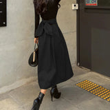 Solid High Waist Bow Maxi Skirt Black