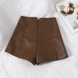 Faux Leather High Waist Slim Slit Shorts Brown