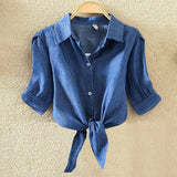 Cotton Short Sleeve Blouse Shirt Blue
