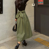 Solid High Waist Bow Maxi Skirt Green