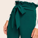 Paperbag Bow Belted High Waist Pants Green