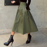 Solid High Waist Bow Maxi Skirt Green