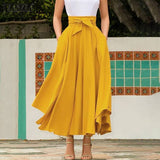 Solid Pleated Side Zipper Maxi Skirt Yellow