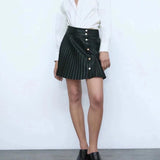 Faux Leather Mini Pleated Button Detail Skirt Black