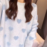 Soft Knitted Heart Print Sweater Blue