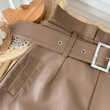 Faux Leather High Waist Belted Shorts Brown